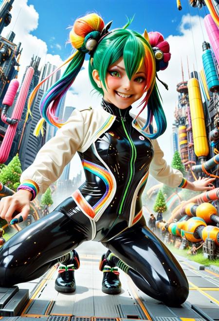 masterpiece, absurdres, best quality, amazing quality, ultra-detailed, newest, extremely detailed, very aesthetic, 
anime style, anime, 
ultra sharp, 
steampunk, yrnwrld, 
BREAK,
1girl, solo, 
anime face, kawii face, beautiful face, 
detailed hair, perfect body, 
green hair, multicolored hair, rainbow twintails, double bun, colorful bodysuit, colorful threads, black latex suit, white jacket, colorful jacket, 
cybernetic enhancements, 
extremely detailed outfit, evil grin, fighting stance, jumping, action pose, dynamic angle, 
in cyber world, central core, cyberpunk forest,