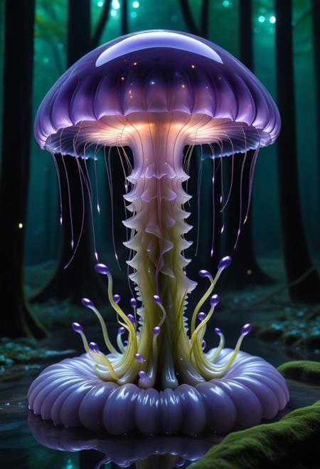 A vast, otherworldly forest made entirely of glowing marble, with trees whose bark is translucent, shimmering with veins of gold and silver. The ground is covered in soft marble moss that glows faintly in shades of emerald and violet. Giant, glowing jellyfish-like creatures float among the branches, their tendrils casting luminous shadows. In the center of the forest, a massive crystal formation pulses with light, growing like a living entity. The air is filled with delicate stardust particles that swirl around the glowing crystals, while sakura petals drift through the air like fireflies, adding a serene touch to the magical, yet futuristic forest.