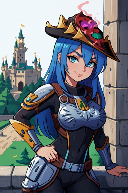 Dang_rs3 blue hair, long hair, yellow eyes, black body suit, breastplate, red armor, hat, fingerless gloves,