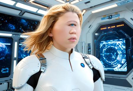 cyclopsgirl, thinmonobrow, "Imagine Lea Seydoux in a futuristic space station orbiting Earth, wearing a sleek, futuristic spacesuit with metal details and blue LED lights. She stands at the center of an intense scene, where bursts of light and sparks fly around her. Holographic screens float in the air, displaying critical data. Lea has a determined expression, her face illuminated by the glow of the control panels in front of her. In the background, other astronauts can be seen in action, with robotic arms and hovering drones. The space station itself is a mix of glass and metal, with a breathtaking view of Earth through a large glass window. <lora:Lea Seydoux SDXL:1.2>, Lea Seydoux, bleu eyes, woman, blond hair, skinny beautiful