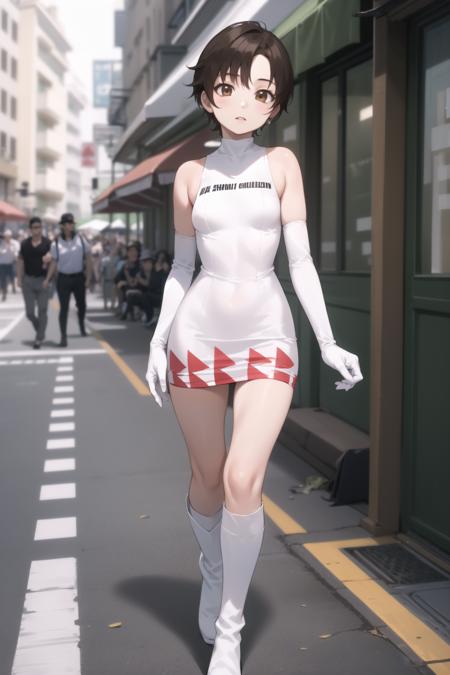 <lora:reiko-000030:1> reiko, brown eyes, white dress, short dress, race queen, elbow gloves, white footwear, knee boots,
small breasts,
1girl, walking, street