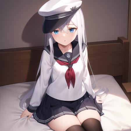 (masterpiece, best quality1.2),illustration,8k,hd,1girls,solo,long_hair,blue_eyes,white_serafuku,hair_between_eyes,hat,white_hair,anchor_symbol,black_headwear,sailor_collar,black_skirt,flat_cap,long_sleeves,neckerchief,pleated_skirt,red_neckerchief,school_uniform,black_thighhighs,<lora:Hibiki:0.8>,