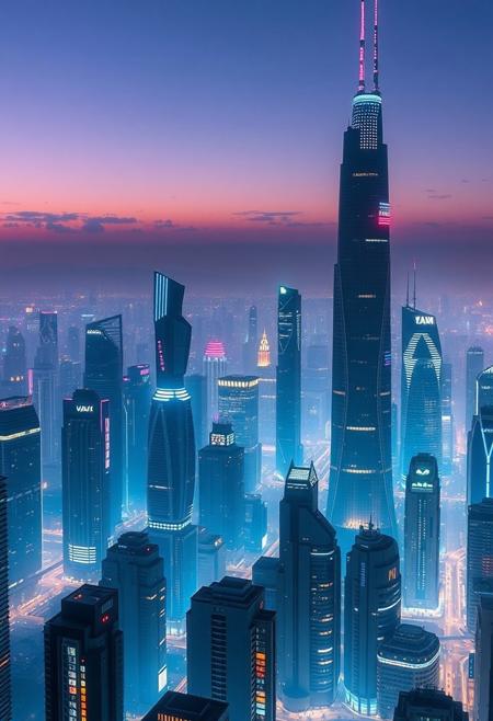 The skyline of a futuristic city, towering buildings surrounded by blue lights,