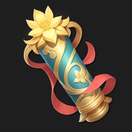 scroll (The image is a scroll made by Teng Man),Flower, pattern, streamer, beautiful creation,Ancient Roman style, fantasy,gameicon,masterpiece,best quality,ultra-detailed,masterpieces, HD Transparent background, 3, Blender cycle, Volume light, No human, objectification, fantasy  <lora:scroll:0.4>