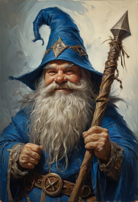 Smiling fantasy dwarf in a blue wizard costume with a pointy hat, holding a quarterstaff, masterful painting in the style of Anders Zorn | Marco Mazzoni | Yuri Ivanovich, Todd McFarlane, oil on canvas