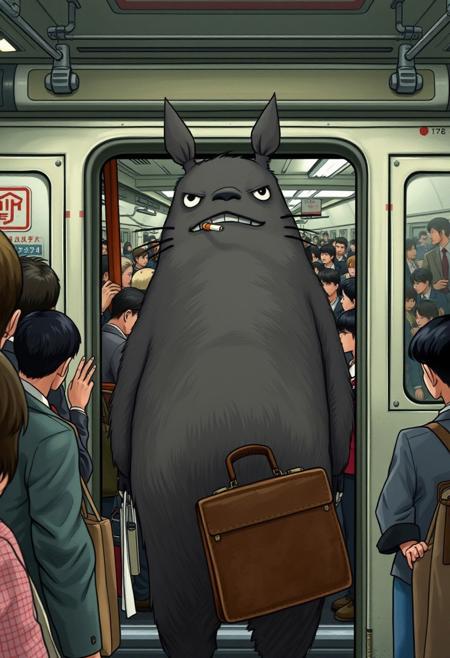 "From the bustling platform of a Tokyo Metro station, a weary Totoro is visible through the open doors of an overcrowded train, facing outward. His fur is slightly matted and sagging from exhaustion, an unlit cigarette dangling loosely from his mouth, its tip faintly stained from being chewed. He wears a disheveled Japanese salaryman suit—dark blue fabric wrinkled, white shirt untucked and crumpled, tie hanging crooked with a missing jacket button. His large, clawed paws clutch a scuffed leather briefcase, worn from years of use. Inside the train, passengers are jammed together—salarymen in stiff suits, students in crisp uniforms, and office workers gripping straps or phones—pressed shoulder-to-shoulder under harsh fluorescent lights. The air hums with muffled chatter and the distant screech of rails. Outside, a chaotic crowd of commuters surges toward the open doors, elbows jostling and briefcases swinging as they try to squeeze into the already packed carriage. A few platform onlookers—a young woman with wide eyes, an elderly man with a furrowed brow, and a child pointing excitedly—stare at Totoro in surprise, their faces caught in the station’s dim glow. Beyond the train, the station’s tiled walls are plastered with colorful ads, and a digital clock overhead ticks forward, while the distant rumble of another train echoes through the underground.