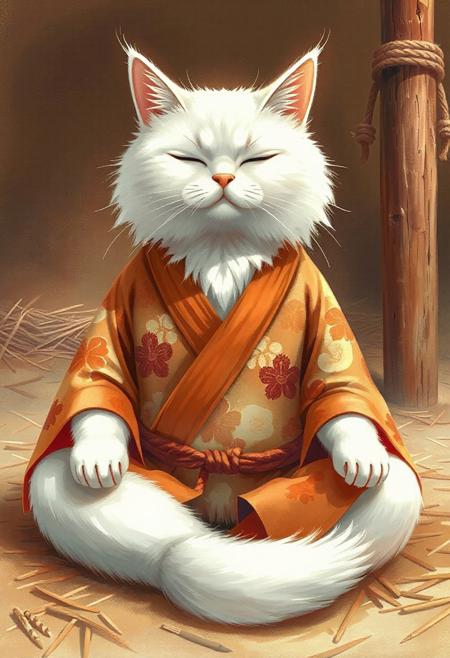 made out of fir needles, A white cat, resembling a aloha shirt, is seated in a meditative pose, reminiscent of a Zen master. The cat is wearing a traditional Japanese-style kimono, featuring orange and maroon patterns. The kimono's details include an orange obi (sash) and a decorative jewel-like stone on it. The cat's fur is fluffy and long, with a soft, delicate appearance. Its eyes are closed, giving a peaceful and serene expression. The cat's body is positioned in a relaxed, seated posture, with paws resting on its lap. It is centered in the image and facing the viewer directly. The background is a muted, earthy tone, with a depiction of hay or straw, creating a tranquil atmosphere. Wooden posts with rope are visible in the background, contributing to a rustic, serene setting. The lighting is soft and warm, highlighting the cat's features and the kimono's patterns. The overall style is artistic, with detailed brushstrokes and soft color blending. The image exudes a sense of calm and tranquility. fir needle style,