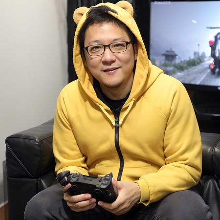 (8k, RAW photo, best quality, masterpiece:1.2),(realistic, photo-realistic:1.37), physically-based rendering,extremely detailed,highest quality,
miyazaki hidetaka, (yellow hoodie),bear hood, ((hood up)), smile,   leaning forward, looking at viewer,sitting, holding, holding  game controller, game console, video game, pizza box,living room, solo,
<lora:miyazaki_hidetaka:0.65>