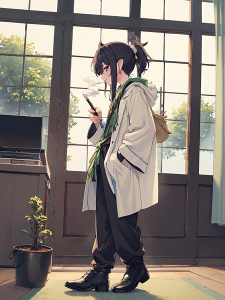 2boys, smoke, multiple boys, black hair, male focus, smoking pipe, window, chinese clothes, holding smoking pipe, holding, standing, long sleeves, lattice, horns, closed mouth, pants, pointy ears, looking at viewer, smile, ponytail, indoors, jewelry, long hair, round window, earrings, white shirt, black eyes, kiseru, wide sleeves, full body, profile, shirt, bangs, from side, black footwear, smoking, hand in pocket, short hair, coat, hat, green coat, shoes, curtains, tangzhuang, tassel, sideways glance, hair between eyes, looking at another, robe, hand up, brothers, looking to the side, white pants, open clothes, baggy pants