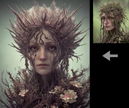 (<stardeaf-inkmage-orange>)0.71, (portrait of a woman fused with alien vegetation, realistic photo, soft light, sharp focus, depth of field)0.92,