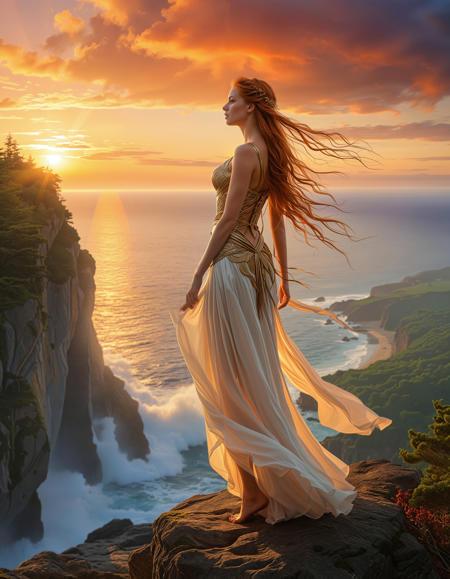 freyja, auburn hair, braided hair, magic, forest, mythic beauty, <lora:NBN-Freyja_NordicByNature:0.8>, ,The goddess standing atop a cliff, watching longships sail beneath a fiery sunset.,photo Fantasy art combining the styles of Boris Vellejo and Luis Royo,Photorealistic, real photo, god rays, 1girl, 21yo,realistic, clear focus, high resolution image, ,Sexy pose, erotic pose, exhibitionism, ,Fairy tale village