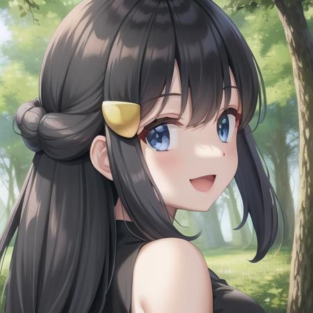 <lora:character_pokemon_dawn_v3:0.5> forest, 1girl, character_pokemon_dawn, solo, portrait, looking at viewer, smile, open mouth, hairclip, sleeveless shirt, black shirt