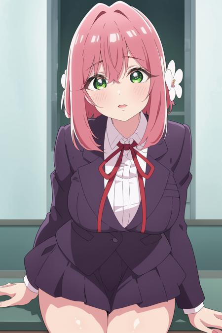 <lora:è±å­ç¾½é¦é1V:0.8>,è±å­ç¾½é¦é,1girl,solo,hair flower,pink hair,hair ornament,bangs,hair between eyes,green eyes,bright pupils,hair intakes,short hair,sidelocks,white flower,
school uniform,collared shirt,red ribbon,neck ribbon,white shirt,purple jacket,large breasts,shirt,long sleeves,pleated skirt,miniskirt,purple skirt,thick thighs,, Exquisite visuals, high-definition,masterpiece,best quality,, 18yo,Young female,Beautiful Fingers,Beautiful long legs,Beautiful body,Beautiful Nose,Beautiful character design, perfect eyes, perfect face,expressive eyes,
looking at viewer,
official art,extremely detailed CG unity 8k wallpaper, perfect lighting,Colorful, Bright_Front_face_Lighting,shiny skin, 
(masterpiece:1.0),(best_quality:1.0), ultra high res,4K,ultra-detailed,
photography, 8K, HDR, highres, absurdres:1.2, Kodak portra 400, film grain, blurry background, bokeh:1.2, lens flare, (vibrant_color:1.2), (beautiful_face:1.5),(narrow_waist), ,NSFW,