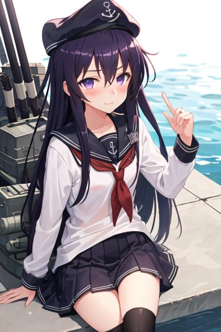 best quality, masterpiece, highres, solo, {akatsuki_kantaicollection:1.15}, long_hair, serafuku, hat, anchor_symbol, purple_eyes, purple_hair, flat_cap, blush, black_hair, hair_between_eyes