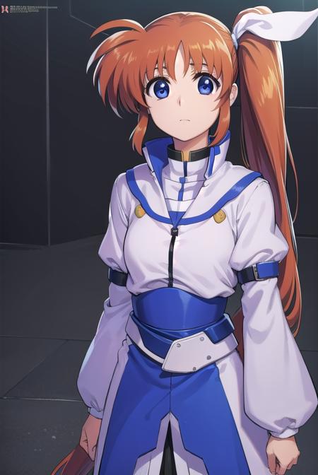 nanohatakamachi, <lora:nanohatakamachi-lora-nochekaiser:1>,
nanoha takamachi, (takamachi nanoha:1.5), long hair, blue eyes, brown hair, hair ribbon, (side ponytail:1.5), white ribbon,
BREAK magical girl, jacket, collar, puffy sleeves, long sleeves, white jacket,
BREAK looking at viewer, full body, upper body,
BREAK outdoors, city, sky,
BREAK <lyco:GoodHands-beta2:1>, (masterpiece:1.2), best quality, high resolution, unity 8k wallpaper, (illustration:0.8), (beautiful detailed eyes:1.6), extremely detailed face, perfect lighting, extremely detailed CG, (perfect hands, perfect anatomy),