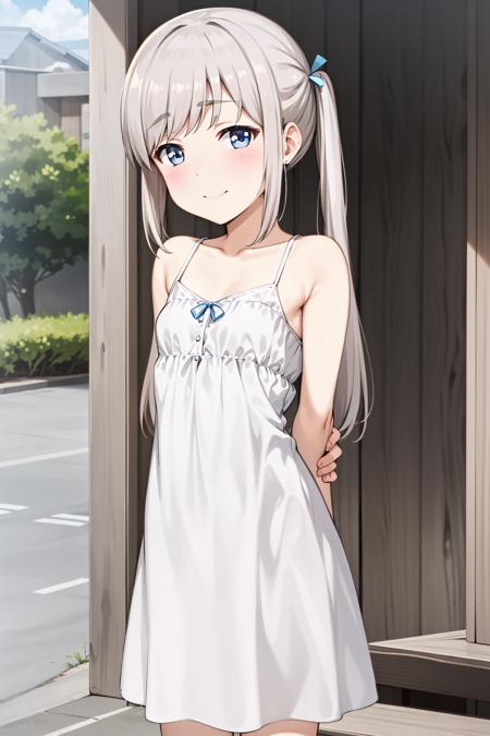 komako grey hair, blue eyes, long hair, twintails white dress