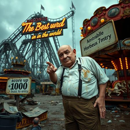 score_9, score_8_up, score_7_up, a decadent amusement park, dirty, trash, dust,  a giant HORRIBLE ruined roller coster with a large sign with lights with the text "The Best in the world", some light bulbs burned out, carousel with broken horses
An elderly man with a wrinkled, semi-bald face with a grimace, squinting eyes, wearing suspenders, shorts, and a dirty white shirt, mustard and ketchup stain,  gangster hat, pointing at a sign with the text "1000 buzz to entry"
