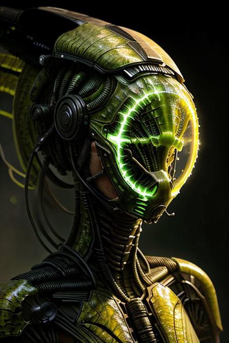 portrait of green Caterpillar female person (long neck, slender arms)) massive headdress, bio armour, (luminesce yellow hues glowing) floating particles, scifi,