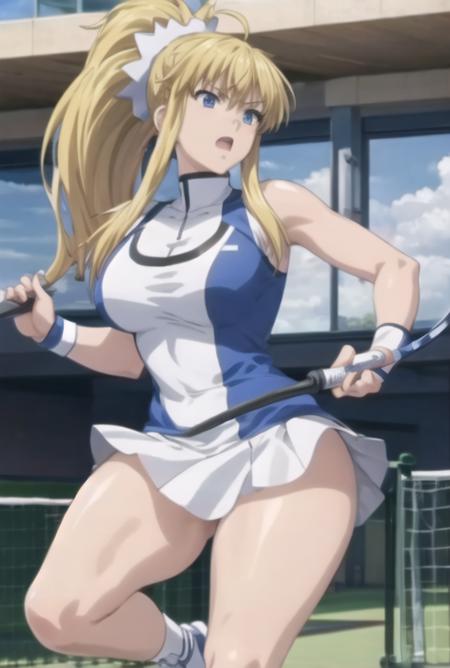 gakuenshimai, large breasts, thick thighs,   shiny skin,  <lora:GakuenShimai:0.85>, ponytail, blonde hair, blue eyes, tennis , tennis uniform, tennis racket,