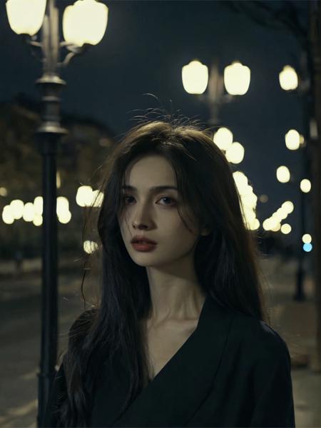 solo,realistic,lips,black hair,collarbone,closed mouth,Beside the outdoor street,the dim light of the street lamps at night shines on one side of the face,1girl,absurdres,(Looking at the camera:1.2),<lora:ä¸æ¹å®¡ç¾ _ BRairt.SDXL_v1.0:0.4>,<lora:ChillyV1.0-000010:1>,