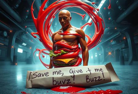 “Plastic Man morphing into a swirl of ketchup and a hamburger, blending human, condiment, and food features with intricate high-technology details. His body exhibits glossy, translucent plastic textures merging seamlessly with the rich red, viscous ketchup and the textured, layered components of a hamburger—bun, lettuce, patty, and cheese. Random, glowing, fancy spots illuminate the scene, resembling futuristic bio-luminescence. A rotten piece of cardboard lies in the foreground, damp and crumpled, with bold, messy handwriting that reads: ‘Save me, give me buzz!’ The setting is an abstract, high-tech environment, filled with mechanical and organic elements. Rendered with cinematic prime lens effects, using a fisheye 12mm perspective for dramatic distortion and dynamic depth, showcasing surrealism with stunning visual clarity.”