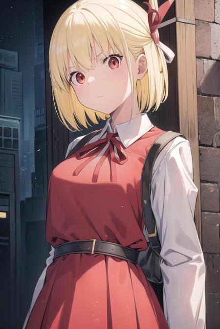 chisatonishikigi, <lora:chisatonishikigichickeiii-lora-nochekaiser:1>, 
nishikigi chisato, short hair, bangs, blonde hair, (red eyes:1.5), hair ribbon, one side up, bob cut,
BREAK shirt, long sleeves, dress, ribbon, white shirt, collared shirt, belt, neck ribbon, red dress, blue ribbon, pleated dress, red belt, lycoris uniform,
BREAK outdoors, city,
BREAK looking at viewer, (cowboy shot:1.5),
BREAK <lyco:GoodHands-beta2:1>, (masterpiece:1.2), best quality, high resolution, unity 8k wallpaper, (illustration:0.8), (beautiful detailed eyes:1.6), extremely detailed face, perfect lighting, extremely detailed CG, (perfect hands, perfect anatomy),