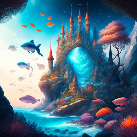 (oceanicrealms style:1) a painting of a castle surrounded by sea life <lora:djzOceanicRealmsV21_LoraBooth:1>