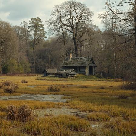 8k, source_photo, source_real, traditional media, amateur, real life photo, broad swamp and marsh, clumps of woodland, abandoned hut, dungeons and dragons, medieval