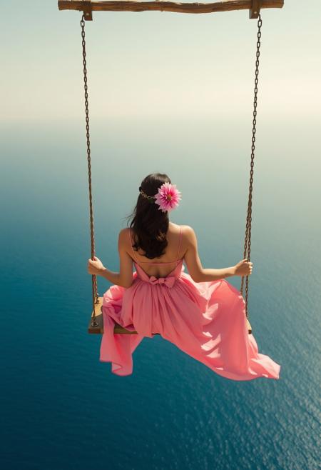A serene and surreal scene featuring a woman's back view on a swing suspended high above the vast, empty ocean. The woman is dressed in an elegant, flowing pink dress with a dahlia flower in their hair, adding a touch of vibrant color against the calm blue backdrop of the sea and sunny, warm sky.