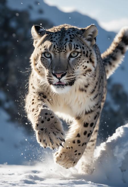Award winning National Geographic wildlife photo of the year, White fluffy Snowleopard jumping high in deep snow, caught mid-air, rich shadows, intricately detailed , soft focus, depth of field, 8k photo, HDR, professional lighting, taken with Canon EOS R5, 200mm lens, art by atey ghailan, painterly anime style at pixiv, art by kantoku, in art style of redjuice/necmi/rella/tiv pixiv collab, your name anime art style, masterpiece digital painting, exquisite lighting and composition, inspired by wlop art style, 8k, sharp, very detailed, high resolution, illustration