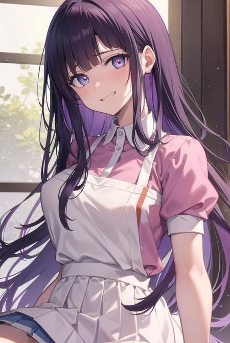 mikan tsumiki, long hair, purple hair, (purple eyes:1.1), bangs, blunt bangs, apron, bandaged leg, bandages, collared shirt, miniskirt, pink shirt, pleated skirt, puffy short sleeves, puffy sleeves, shirt, short sleeves, skirt, two-tone shirt, white apron, white shirt,