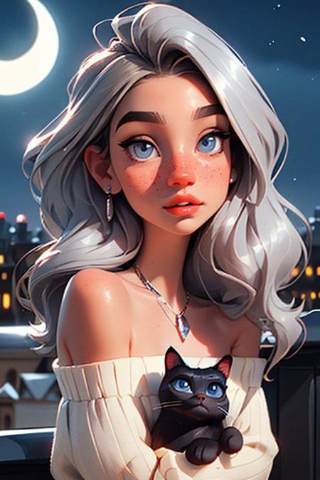 sam yang,
1girl, back, bare shoulders, blue eyes, brown hair, earrings, freckles, jewelry, lips, long hair, looking at viewer, looking back, necklace, off shoulder, parted lips, portrait, day, depth of field, solo
, (("masterpiece, Moonlit Serenade": A girl with silver hair sits on a rooftop, cradling a sleek black cat. The moon illuminates their faces as they share a secret melody.))
<lora:sam_yang_offset:1>