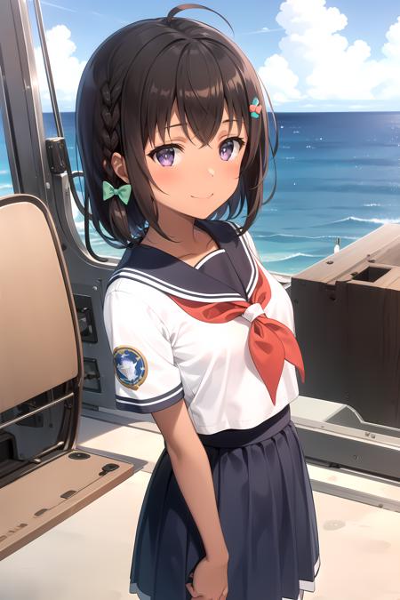 UchidaMayumi dark skin, brown hair, purple eyes, medium hair, ahoge, side braid, hair bow serafuku, sailor collar, blue skirt, red neckerchief, short sleeves