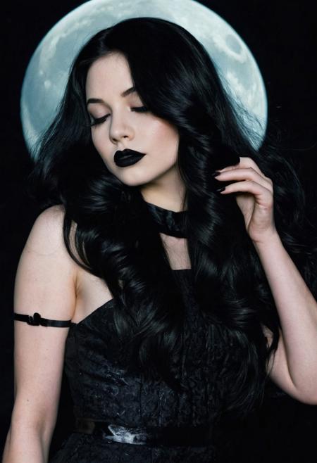 Long black hair, hair strands cover one eye, black lipstick, black dress, moonlight