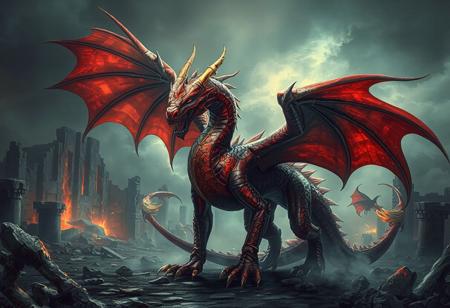 "Create a stunning, detailed image of a Black Rose Dragon, standing proudly against a backdrop of blasted ruins. The dragon, primarily red with gold accents, has spread wings, a fierce yet elegant appearance, and is adorned with intricate, lifelike details. Utilize 4K resolution, exceptional quality, and vivid, harmonious colors to emphasize the dynamic action pose and captivating lighting. Include design elements such as sharp lines, brush strokes, and splash ink illustrations. Highlight the eyes, face, and clothes with meticulous attention, creating a handcrafted, high-definition piece that embodies cinematic lighting, Raphael style, and Houdini aesthetics. Aim for a joyful impact, powerful message, and trending status on Artstation, HQ."