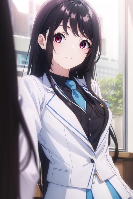 kaorihoujou, <lora:kaori houjou s1-lora-nochekaiser:1>,
kaori houjou, long hair, bangs, (black hair:1.5), (red eyes:1.3), sidelocks, smile,
BREAK skirt, shirt, long sleeves, school uniform, jacket, necktie, collared shirt, uniform, (black shirt:1.5), (white jacket:1.5), blue necktie,
BREAK indoors, classroom,
BREAK looking at viewer, (cowboy shot:1.5),
BREAK <lyco:GoodHands-beta2:1>, (masterpiece:1.2), best quality, high resolution, unity 8k wallpaper, (illustration:0.8), (beautiful detailed eyes:1.6), extremely detailed face, perfect lighting, extremely detailed CG, (perfect hands, perfect anatomy),