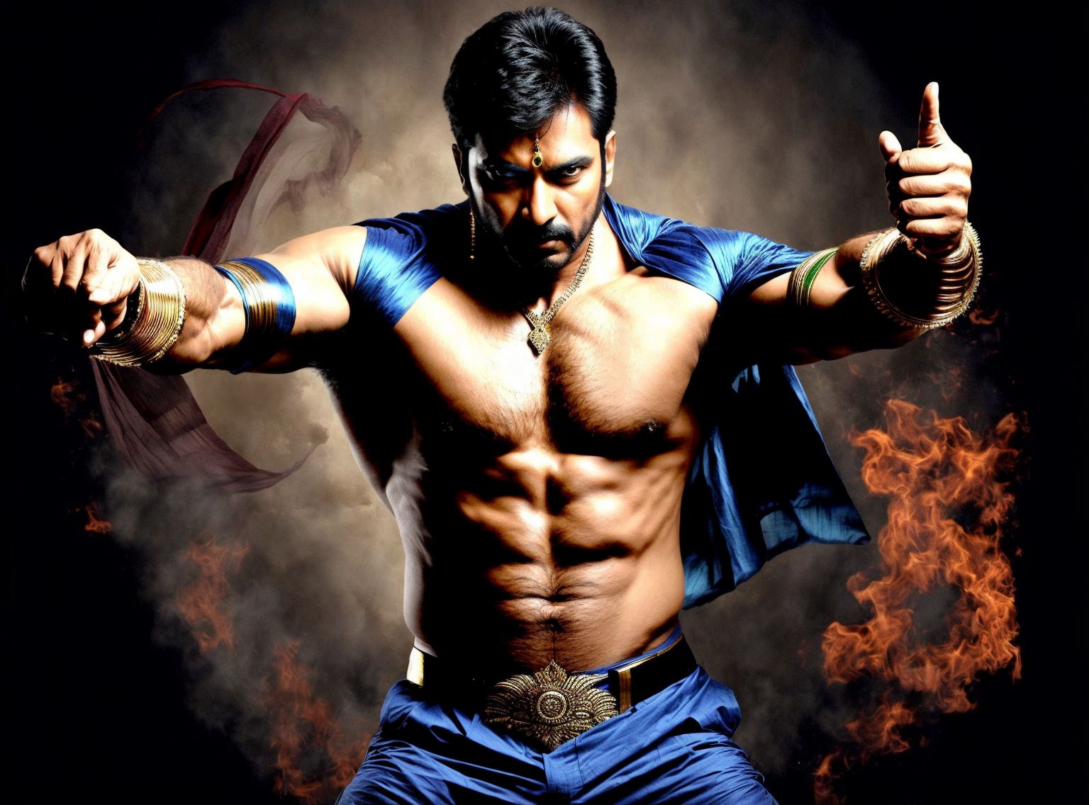 (masterpiece)+, (best quality)+, (Intricate detail)+, design me an indian superhero, action pose, colourful, bollywood style