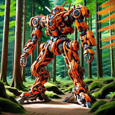 PG-TR, mecha standing, made of trees, anime style, bulky body, deep orange color, forest, high score, masterpiece, best quality, absurdres,