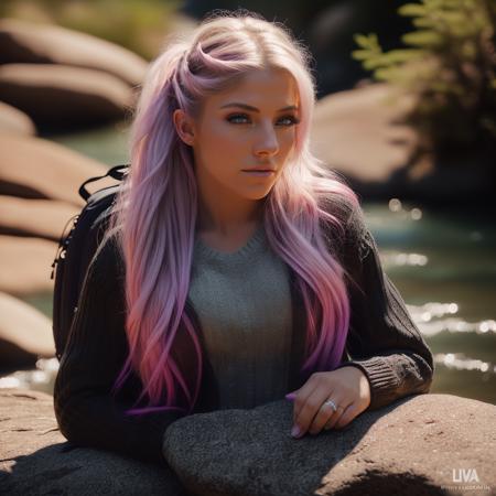 alexabliss,adult woman, outdoors, (evening), mountains, nature, (summer, windy),  backpack, sweater, hiking pants, forest, rocks, river, wood, shadows, contrast, clear sky, <lyco:AlexaBliss:1.0>, (masterpiece, best quality, ultra-detailed, best shadow), high contrast, (best illumination), ((cinematic light)), colorful, hyper detail, dramatic light, intricate details, (1 girl, solo) , ultra detailed artistic photography, dreamy, backlit, shadows, ultra high definition, 8k, ultra sharp focus, intricate artwork masterpiece, ((sharp face, detailed face, realistic face, naturtal skin, realistic skin, detailed skin, pores, detailed eyes,realistic eyes)), ultra high quality model, soft lighting, film photography, analogue photography, hyperrealism,