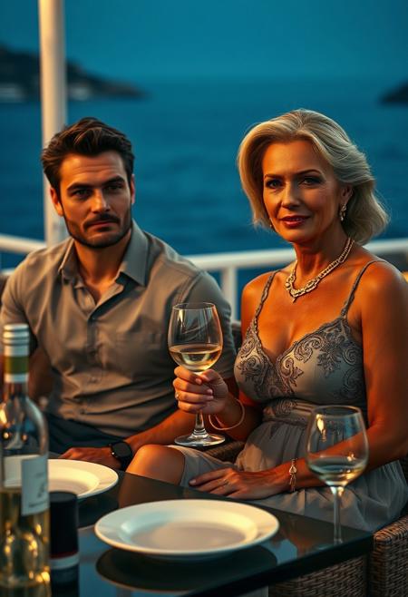 A highly detailed, photorealistic, cinematic film still of 2 people. The first is an attractive 50 year old woman. She is a realistically slim, with tanned skin and realistically saggy breasts. She is sophisticated and is sitting outside in the seating area of a posh restaurant, the Mediterranean sea in the background. It is late evening, her has been styled and she is wearing sophisticated, sensual makeup. She is wearing a (figure hugging chiffon dress with intricate detailings:1.2) and lots of golden jewellery. She is sat next to an attractive 23 year old male with a slim athletic body and wearing (a smart designer shirt and trousers). They are both clearly having a good time, there are empty wine bottles and plates in front of them and 2 half full wine glasses. fcPortrait, (masterpiece, detailed:1.2)