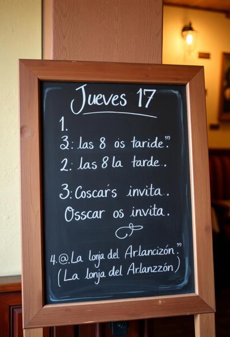 A rustic chalkboard menu with a wooden frame, placed against a cozy restaurant wall. The text on the chalkboard is written in elegant, hand-drawn white chalk letters. The menu items are listed as follows: 
1. "Jueves 17" at the top,
2. "a las 8 de la tarde " in the middle,
3. "Oscar os invita" at the bottom.
4.  ((La lonja del Arlanzón))
The chalkboard is slightly worn, adding a vintage feel, and the writing is clear and easy to read. The background should be softly lit, with warm tones to create an inviting atmosphere.