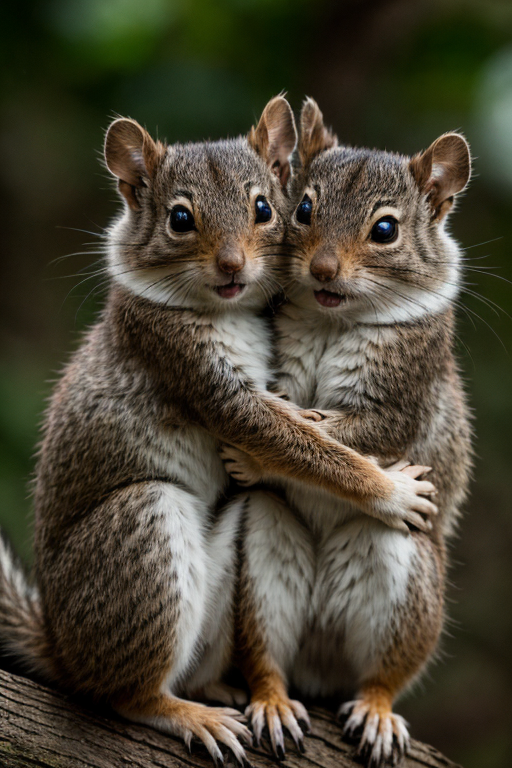 two squirels hugging, detailed, RAW photo, subject, 8k uhd, dslr, soft lighting, high quality, film grain, Fujifilm XT3,