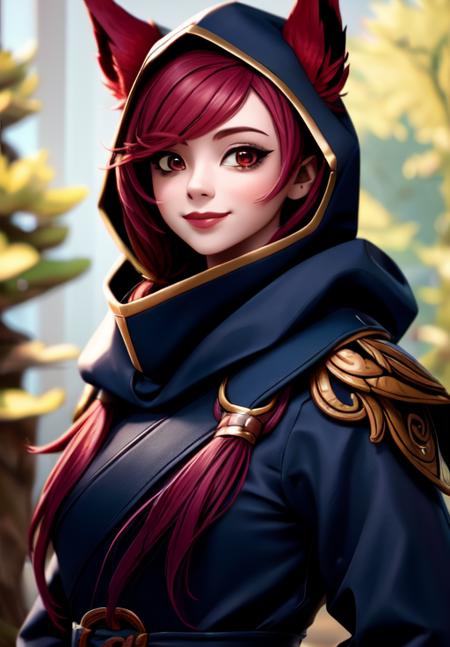 sfw, <lora:xayah:0.8>, xayah, hood, 1girl, solo, smile,, (masterpiece, best quality, absurdres, detailed, ultra-detailed:1.3), beautiful