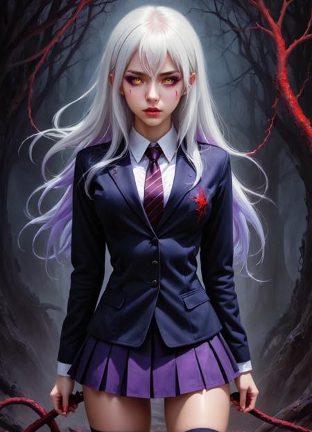 <lora:FF.82.sdxlUnstableDiffusers_v6StabilityEater.lora:1> girl with a pretty face, white hair, purple eyes, (((sexy school uniform))), wearing a stylish very sexy school uniform, with a funny expression on her face, Hellwalker, incombing death, hell, black bloody veins growing and intertwining out of the darkness, oozing thick yellow blood, veins growing and pumping blood, (female body:1.3), vascular networks growing, connecting, explanding, red veins everywhere, zdzislaw beksinski, (sharp colors:1.3), (rainbow skin:1.1), (Infrared:1.2), ultra detailed, intricate, oil on canvas, ((dry brush, ultra sharp)), (surrealism:1.4), (disturbing:1.5), beksinski style painting, satanic symbols, (full torso), full body in frame, centered body, (male:1.2), realistic, ((intricate details)), (pale gothic evil king), dynamic pose, perfect face, (realistic eyes), perfect eyes, ((dark gothic background)), sharp focus