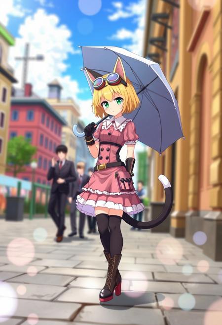 score_9, score_8_up, score_7_up, score_6_up,  photo bokeh, blured background, 1girl, breasts, looking_at_viewer, short_hair, green_eyes, skirt, blonde_hair, gloves, dress, holding, animal_ears, standing, tail, full_body, outdoors, frills, boots, multiple_boys, sky, solo_focus, day, puffy_sleeves, belt, cloud, cat_ears, fingerless_gloves, armor, boots, blue_sky, pink_skirt, cat_tail, pink_dress, umbrella, cat, cat_girl, goggles, building, corset, high_heel_boots, goggles_on_head, pouch, holding_umbrella, city, Dieselpunk