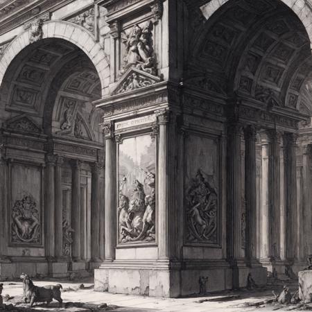 <lora:PIRANESI V1.1-000006:0.5>, masterpiece, best quality, PIRANESI, etching, classical architecture, outdoors, intricate detail, extremely detailed, best detail, traditional media, fine drawing, pediment, bas relief, frieze