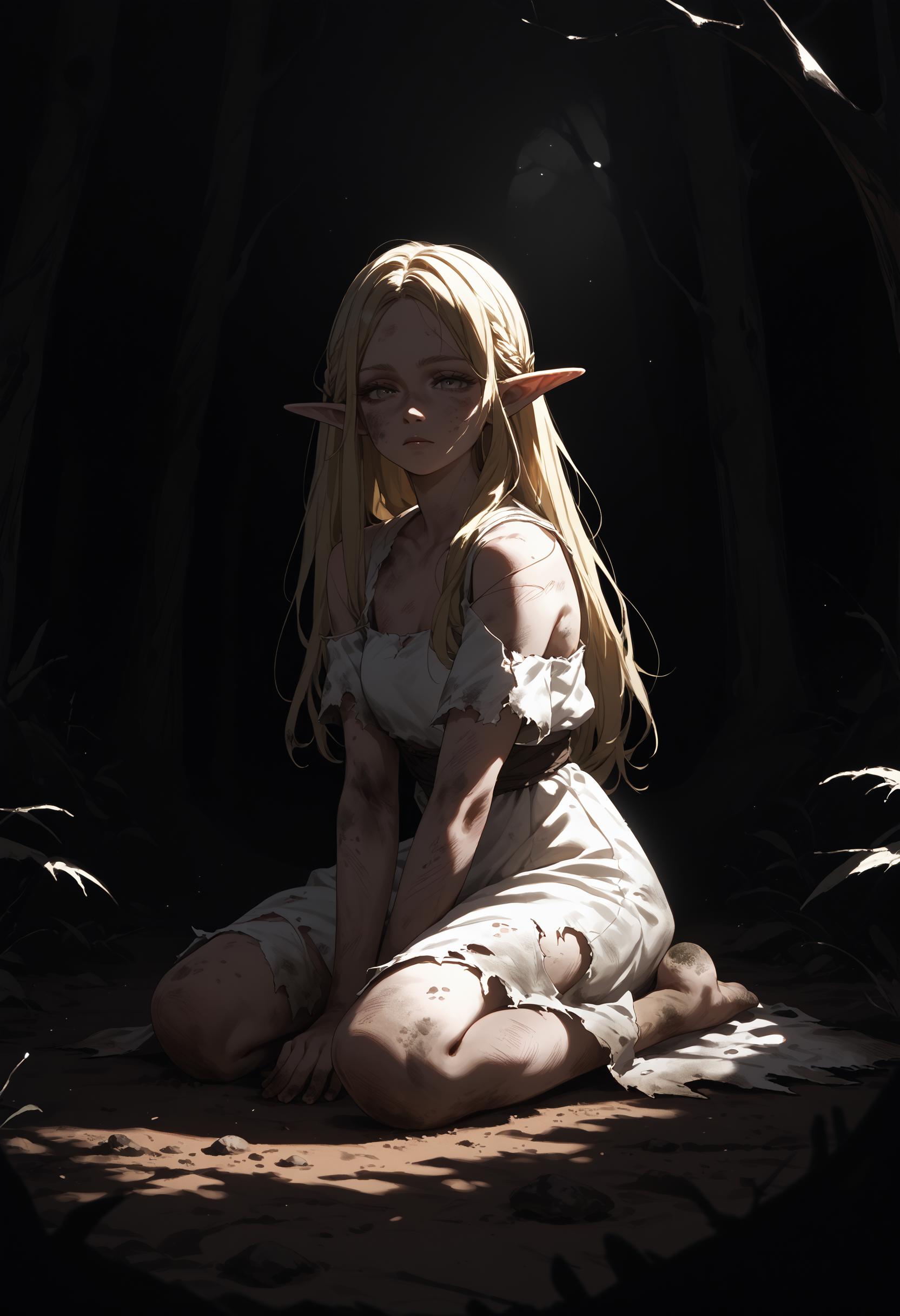 score_9, score_8_up, score_7_up, score_6_up, <lora:dark_v1.9-pony:1.3> 
1girl, long hair, blonde hair, elf, white dress, on floor, torn clothes, kneeling, dirt,
forest, dark background, dappled sunlight, silhouette, dark theme, black theme,looking at viewer,