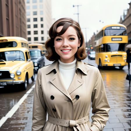 a photo of a d1ana-r1gg-t2, (standing on a sidewalk), smiling, ((no umbrella)), London, (beige trenchcoat), ((no bangs)), (((straight flicked up bob))), (((brunette))), 1960s, retro, vintage, (8k, RAW photo, highest quality, best quality, masterpiece, ultra-detailed, hires, absurdres), (photorealistic)