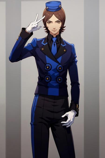 masterpiece, best quality, solo, 1boy, smile, looking at viewer, <lora:Velvet-Room-M-Outfit_Fp:1>, velvetmoutfit, white gloves, hat,    <lora:Tatsuya_Fp:1>, tatsuyais, hand on hip,