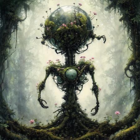 Illustration, drawing, work of art, fine arts. Biomechanical humanoid being, full body, robotic limbs, a mirror glass globe in the head, (A flower in the hand), with mechanical parts, screws, cables, tubes (John Berkey). All covered in moss and small flowers. Sitting on the ground leaning on a tree. Swampy environment with trunks and branches. Fog, rain. Humid and dark environment. Light rays. Unusual, cold, wet, dangerous, low angle. Maximum detail, HDR, watercolor and Indian ink technique <lora:xl_more_art-full_v1:1> <lora:epi_noiseoffset2:1>